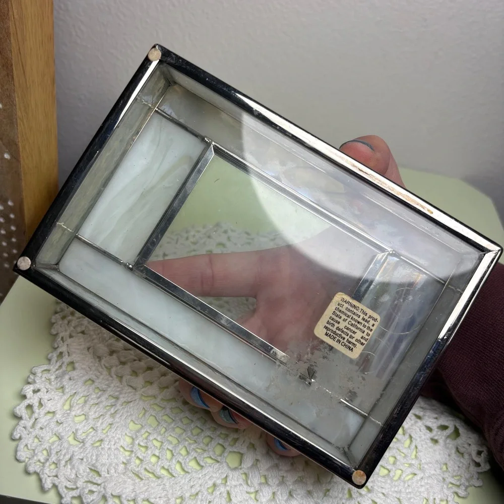 Vintage White Rectangular Jewelry Box Iridescent Hearts Stained Glass